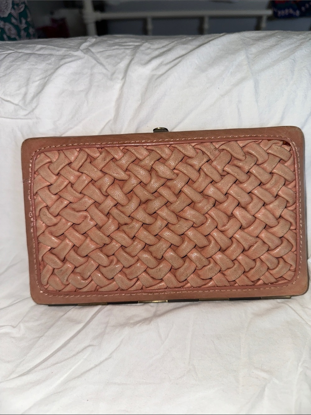 Rare Hoss Intropia vintage Woven Leather Clutch Wallet in Light Coral Pink